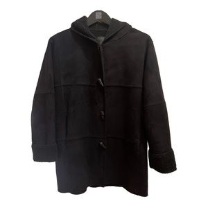 Lauren RALPH LAUREN Long Black Hooded Faux Suede Shearling Jacket Coat Size P/S